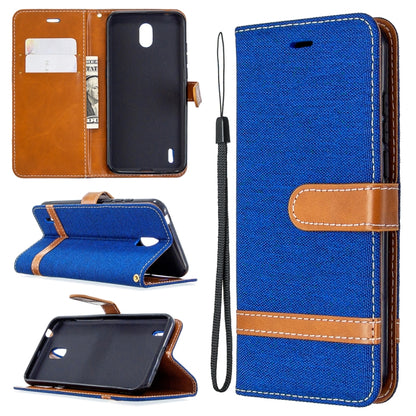 Blue denim-texture flip leather phone case with lanyard, card slots, and stand holder