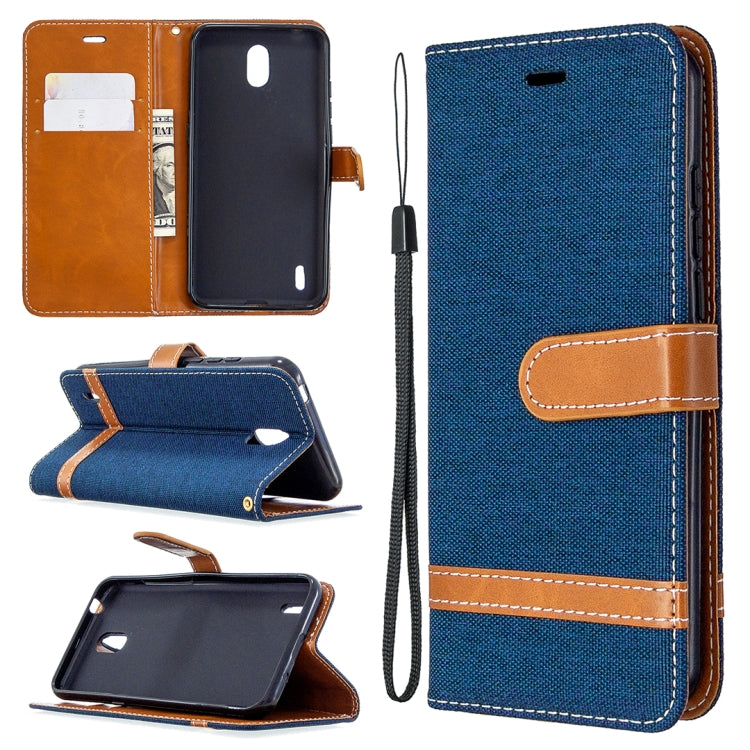 Dark teal denim-texture flip leather phone case with lanyard, card slots, and stand holder