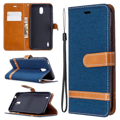 Dark teal denim-texture flip leather phone case with lanyard, card slots, and stand holder