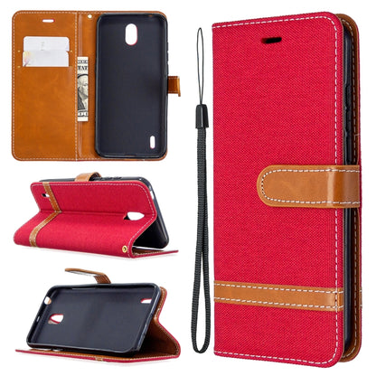 Red denim-texture flip leather phone case with lanyard, card slots, and stand holder