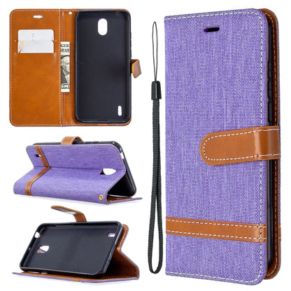 Lavender purple denim-texture flip leather phone case with lanyard, card slots, and holder
