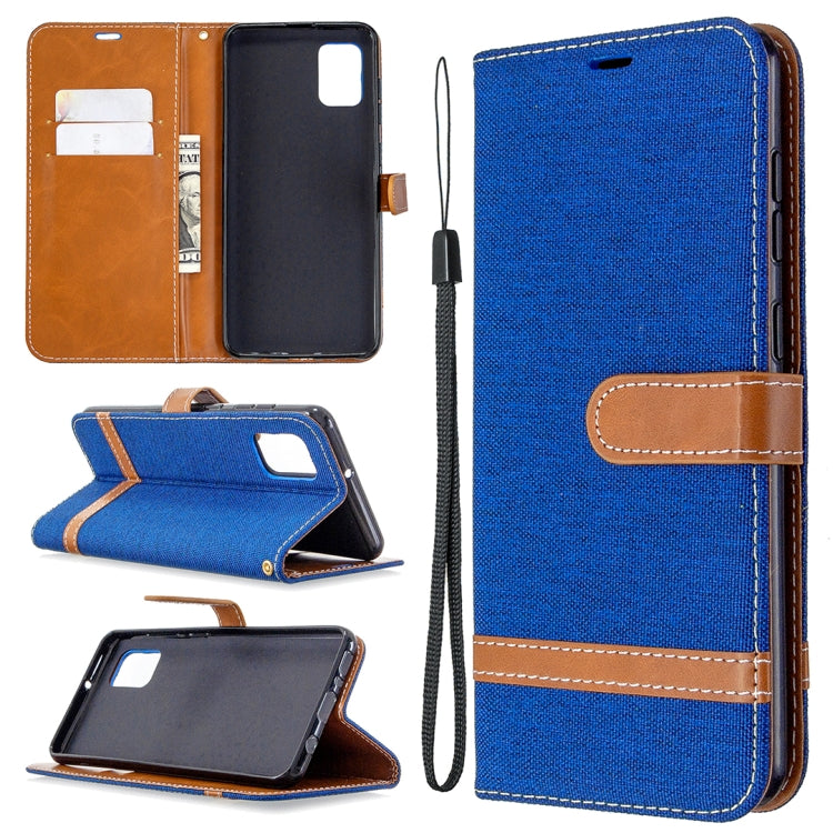 Blue flip wallet phone case with card slots, lanyard strap, and folding stand cover.