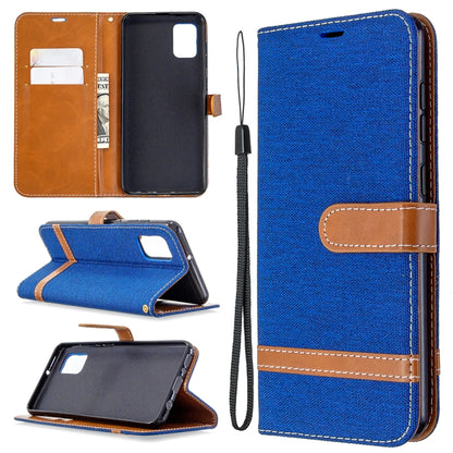 Blue flip wallet phone case with card slots, lanyard strap, and folding stand cover.