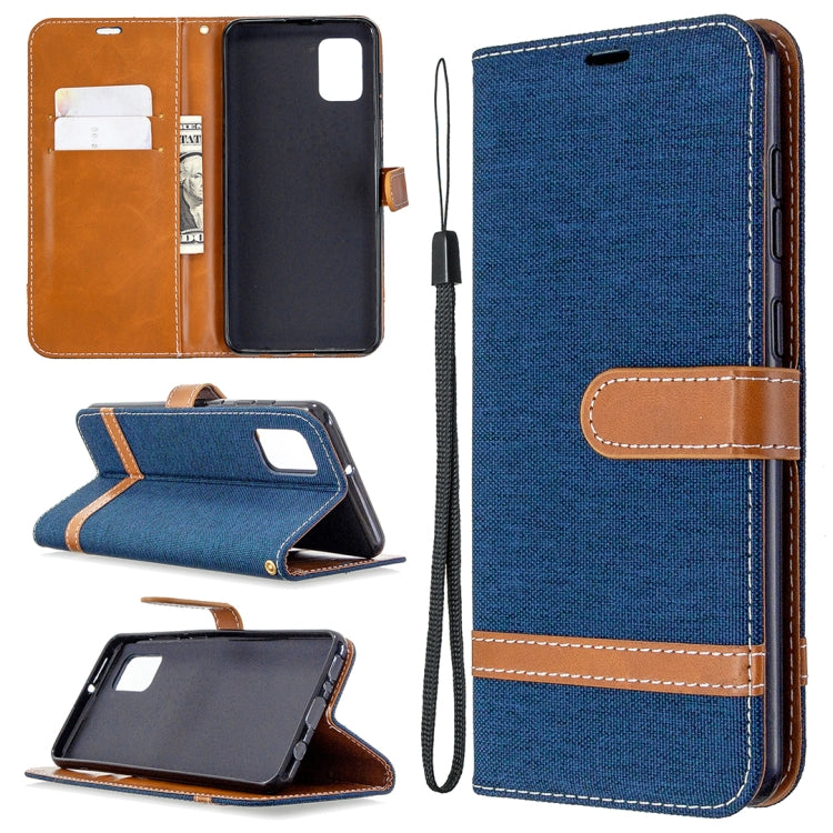 Blue flip wallet phone case with card slots, lanyard strap, and standing flip cover.