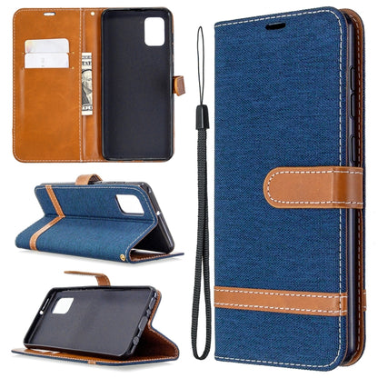 Blue flip wallet phone case with card slots, lanyard strap, and standing flip cover.