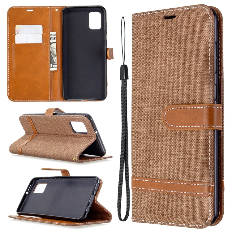Brown denim phone wallet case with card slots, horizontal flip stand, and wrist lanyard