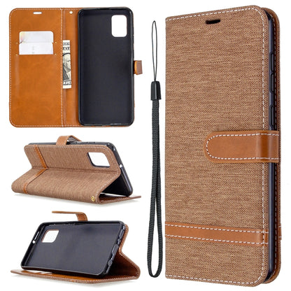 Brown denim phone wallet case with card slots, horizontal flip stand, and wrist lanyard