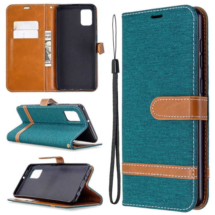 Teal denim phone wallet case with card slots, horizontal flip stand, and wrist lanyard