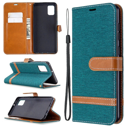 Teal denim phone wallet case with card slots, horizontal flip stand, and wrist lanyard