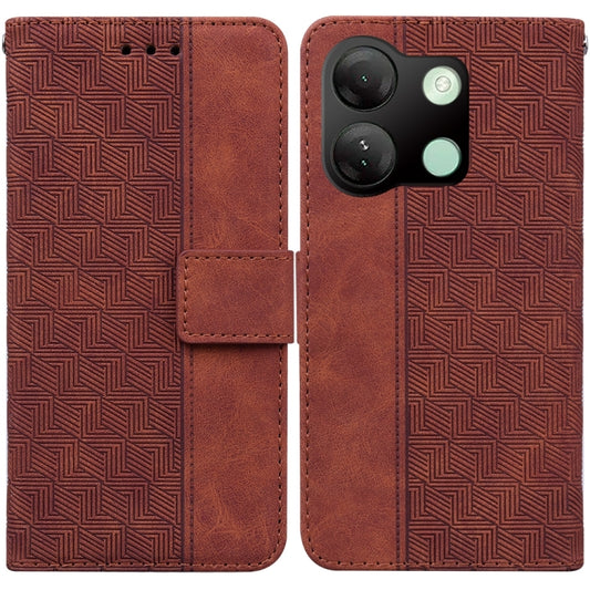 Brown geometric embossed leather phone case with magnetic flap and camera cutout