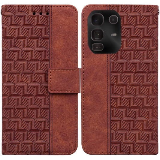 Brown geometric embossed leather phone wallet case with card holder and magnetic flap