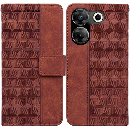Brown geometric embossed leather phone wallet case with magnetic flap and card holder