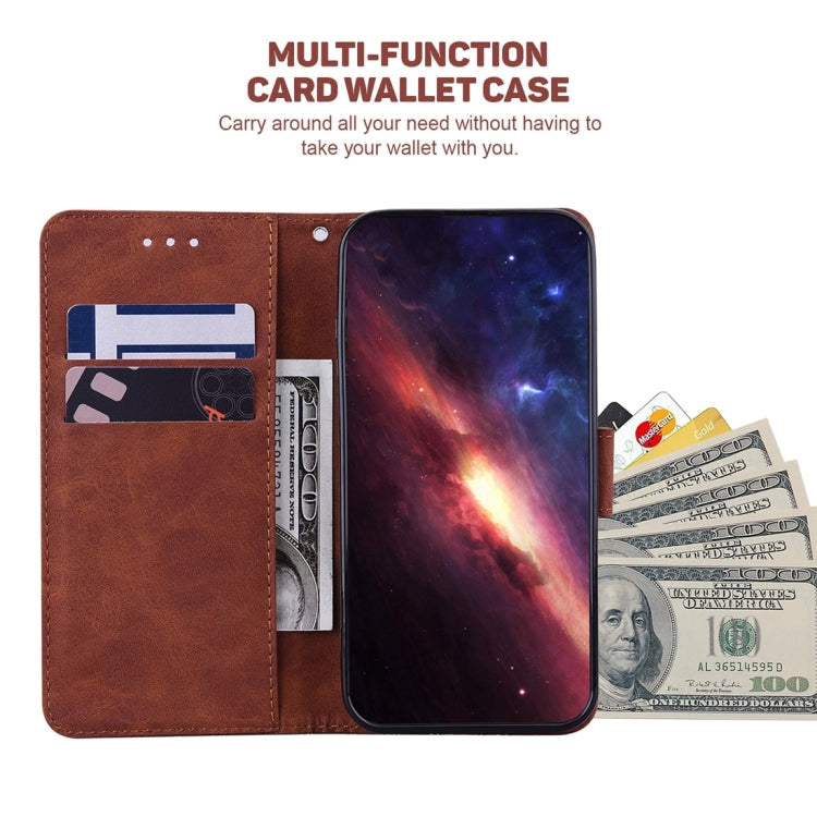 Brown geometric embossed leather phone wallet case with card slots and magnetic closure