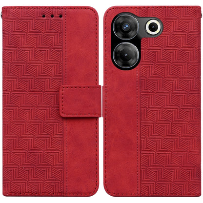Red geometric embossed leather phone case, wallet style with magnetic flap and card slot