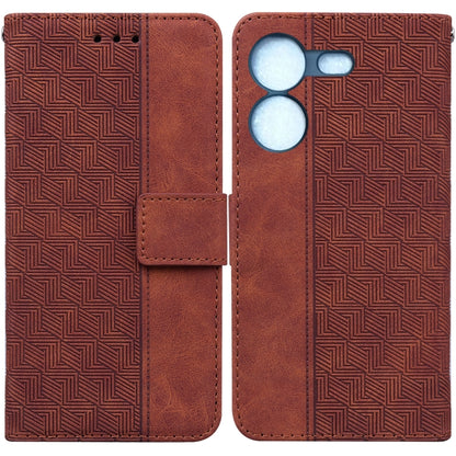 Brown geometric embossed leather phone case, wallet style with magnetic flap and card slot