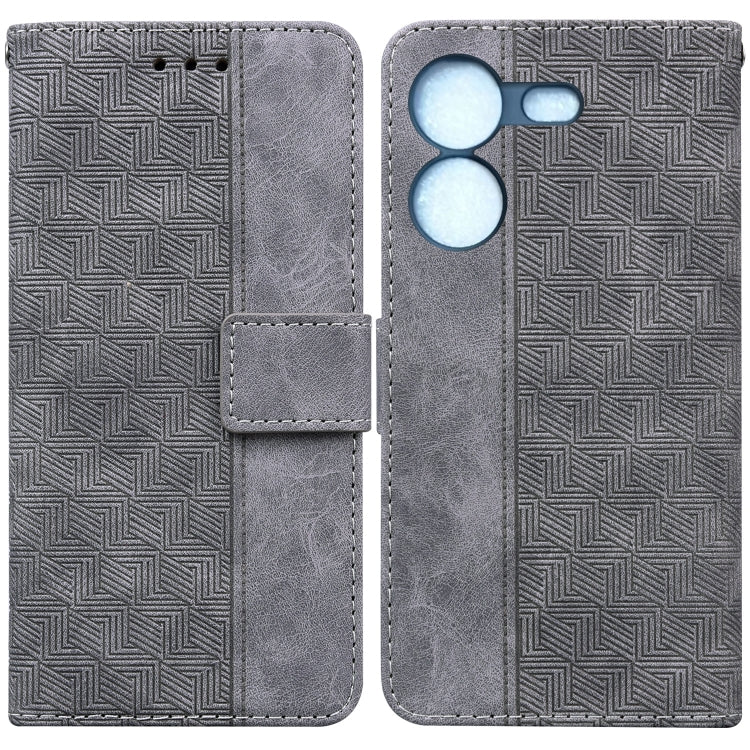 Grey geometric embossed leather phone case, wallet style with magnetic flap and card slot