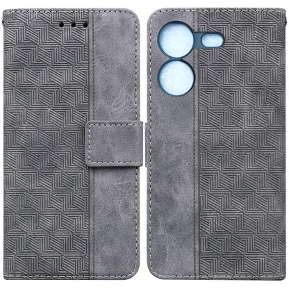 Grey geometric embossed leather phone case, wallet style with magnetic flap and card slot