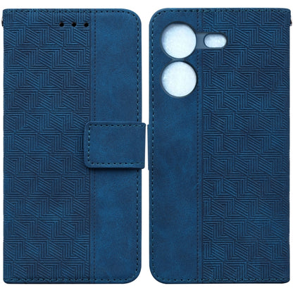 Blue geometric embossed leather phone case, wallet style with magnetic flap and card slot