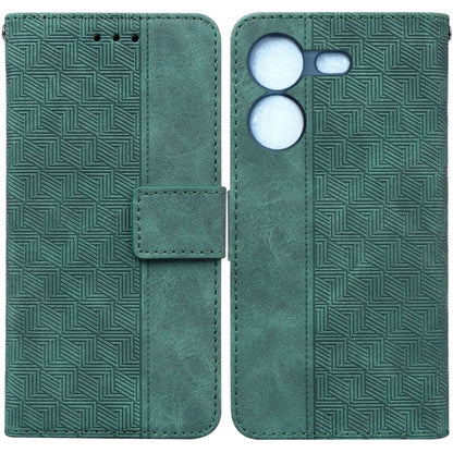 Green geometric embossed leather phone case, wallet style with magnetic flap and card slot