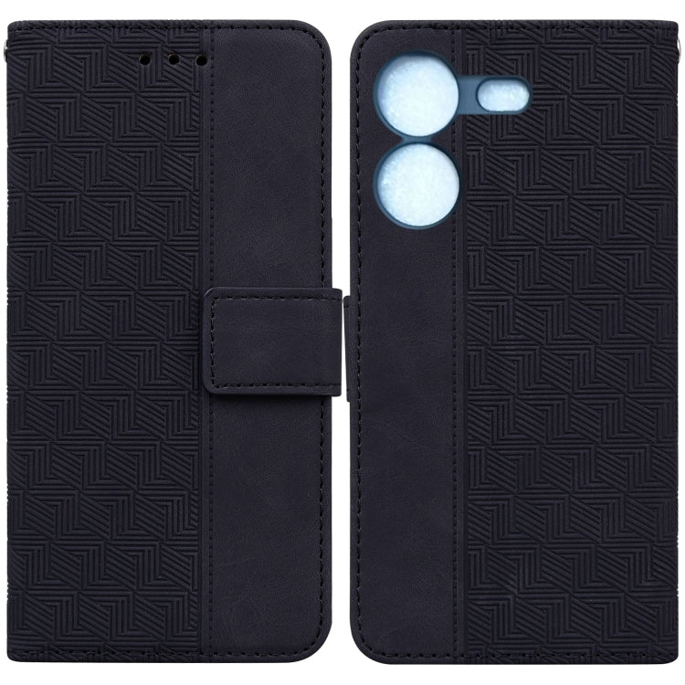 Black geometric embossed leather phone case, wallet style with magnetic flap and card slot