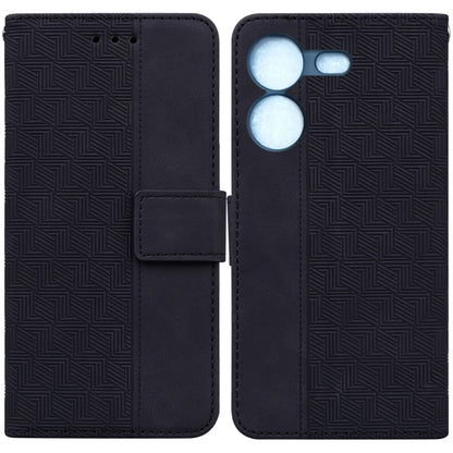 Black geometric embossed leather phone case, wallet style with magnetic flap and card slot