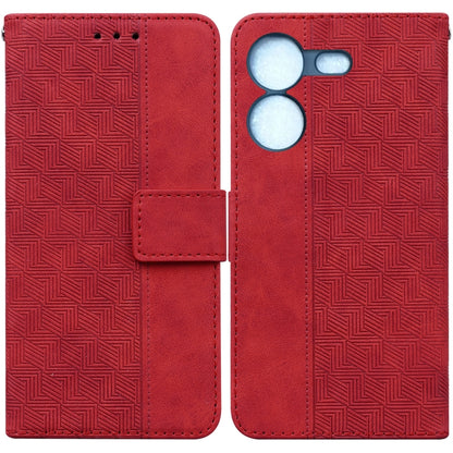 Red geometric embossed leather phone case, wallet style with magnetic flap and card slot