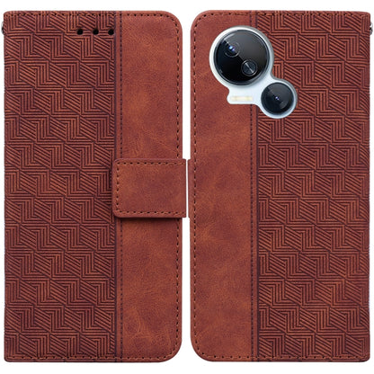 Brown geometric embossed leather phone case with camera cutout, wallet style magnetic flap
