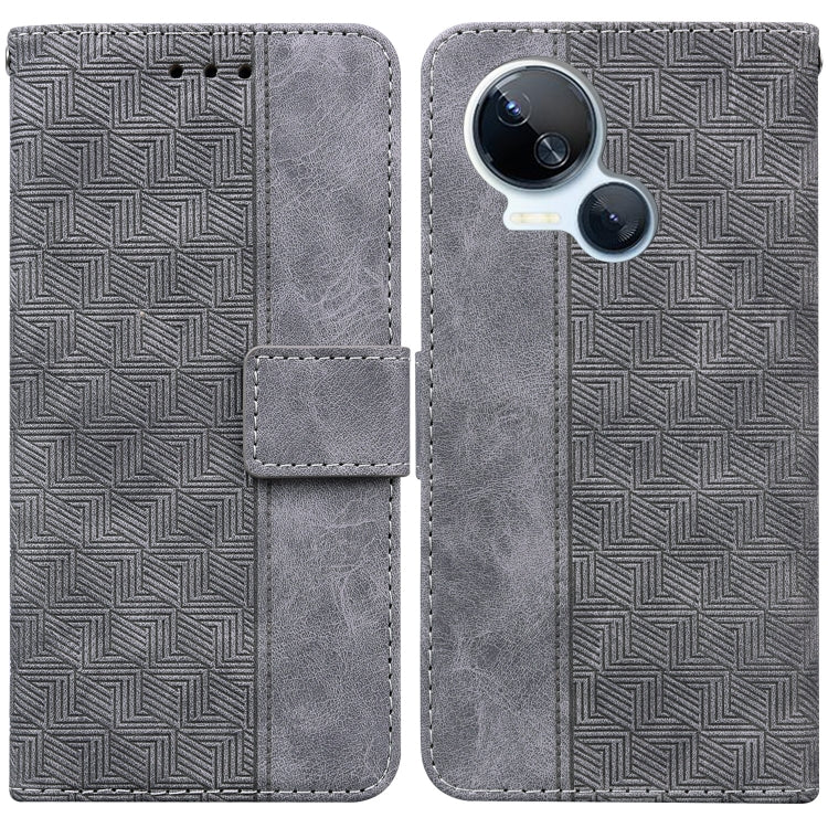 Grey geometric embossed leather phone case with camera cutout, wallet style magnetic flap
