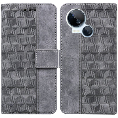 Grey geometric embossed leather phone case with camera cutout, wallet style magnetic flap