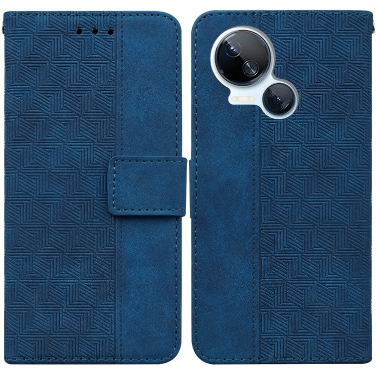 Blue geometric embossed leather phone case with camera cutout, wallet style magnetic flap