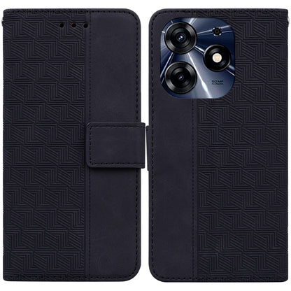 Dark navy geometric embossed leather phone wallet case with visible camera cutout