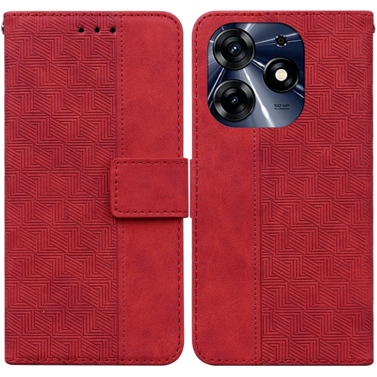 Red geometric embossed leather phone wallet case with visible camera cutout
