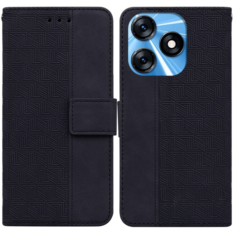 Black geometric embossed leather phone case with flip cover and card pocket
