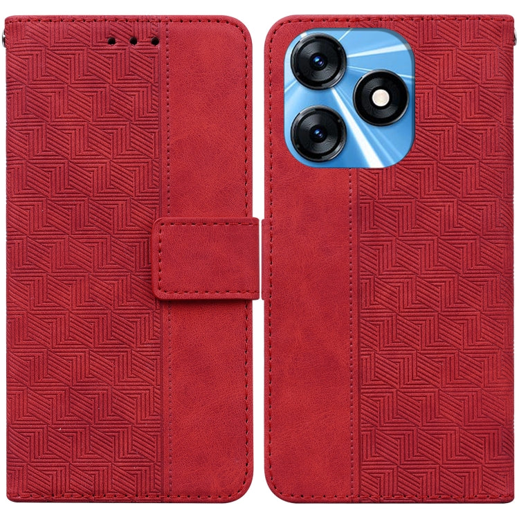 Red geometric embossed leather phone case with flip cover and card slot