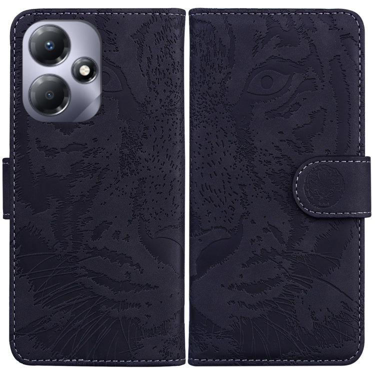 Dark blue tiger-embossed flip leather phone case with magnetic strap and card slot