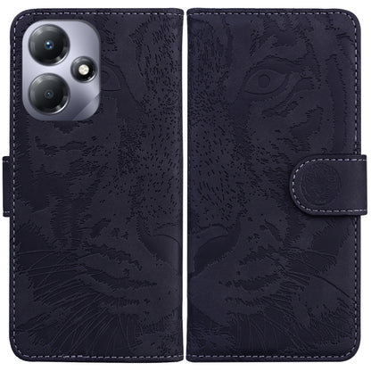 Dark blue tiger-embossed flip leather phone case with magnetic strap and card slot