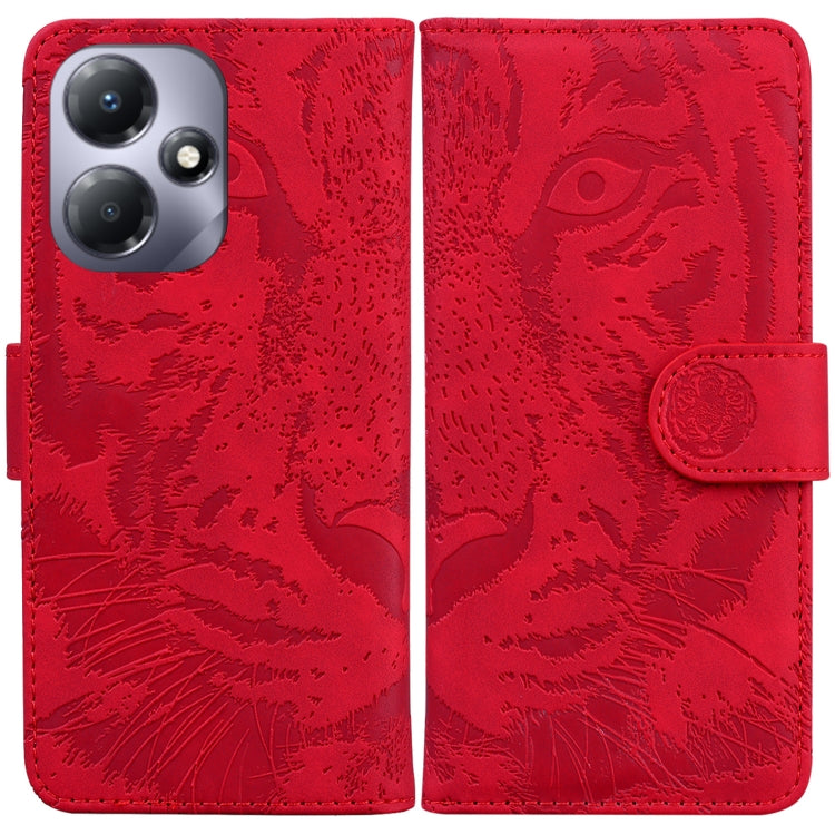 Red tiger-embossed flip leather phone case with magnetic strap and card slot