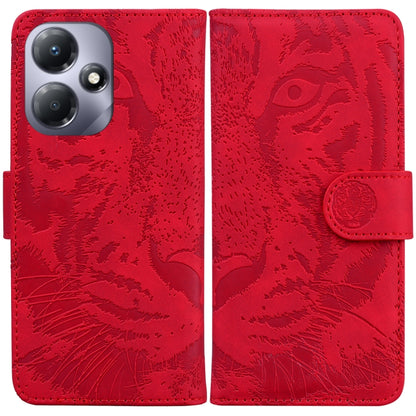 Red tiger-embossed flip leather phone case with magnetic strap and card slot