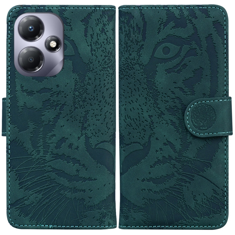 Green tiger-embossed flip leather phone case with magnetic strap and card slot