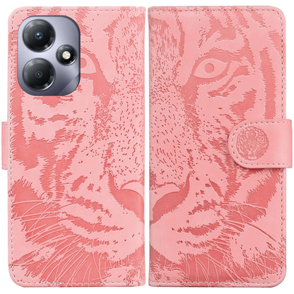 Rose pink tiger-embossed flip leather phone case with magnetic strap and card slot