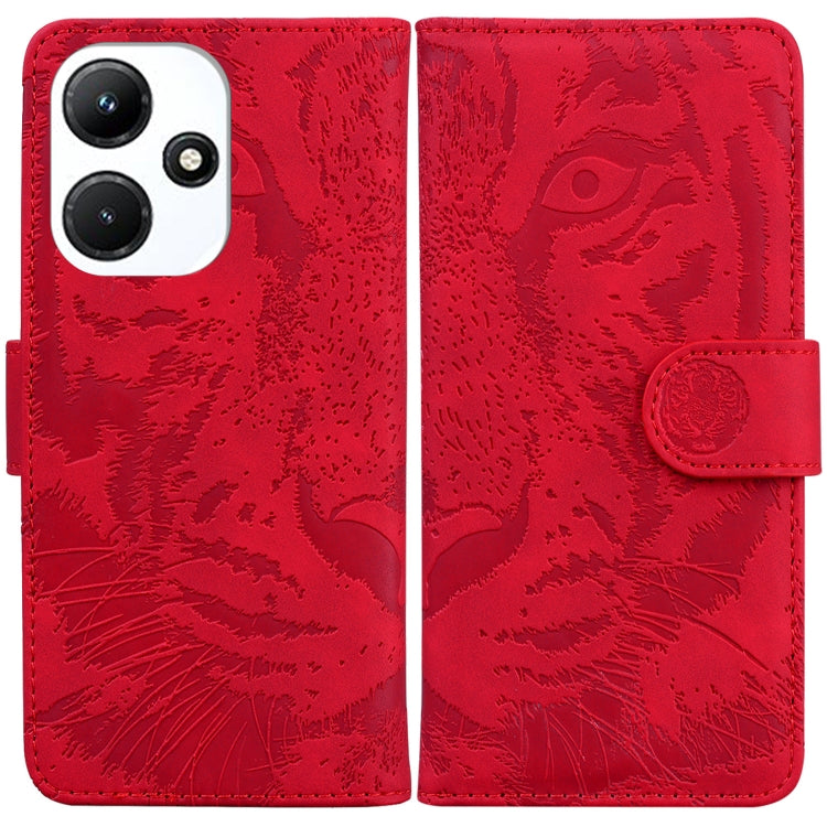 Red tiger embossed flip leather phone case with side strap and camera cutout.