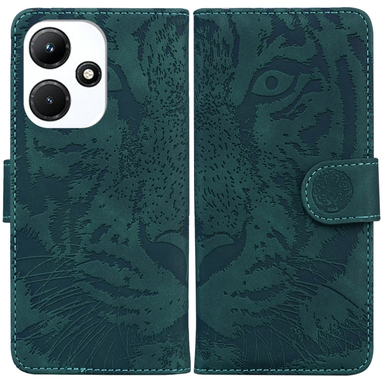 Green tiger embossed flip leather phone case with side strap and camera cutout.