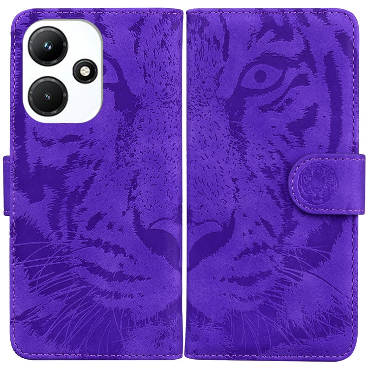 Purple tiger embossed flip leather phone case with side strap and camera cutout.
