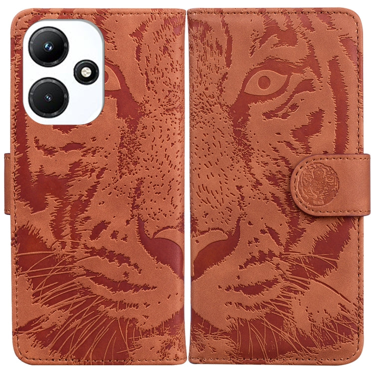 Tan/brown tiger embossed flip leather phone case with side strap and camera cutout.