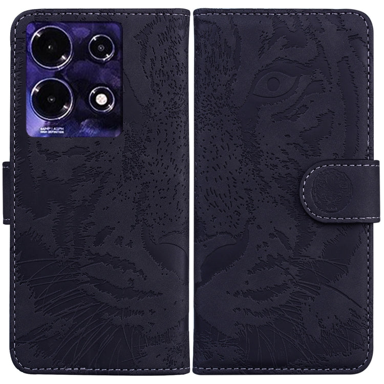 Dark navy tiger-embossed flip leather phone case with snap strap
