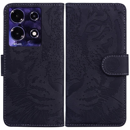 Dark navy tiger-embossed flip leather phone case with snap strap