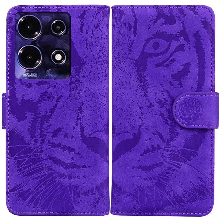 Purple tiger-embossed flip leather phone case with snap strap