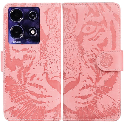 Pink tiger-embossed flip leather phone case with snap strap