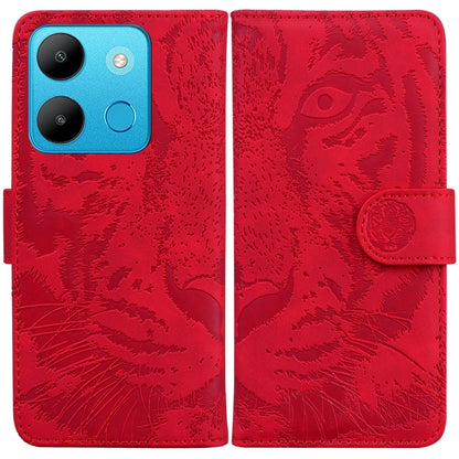 Red tiger embossing flip leather phone case with magnetic strap and card slot