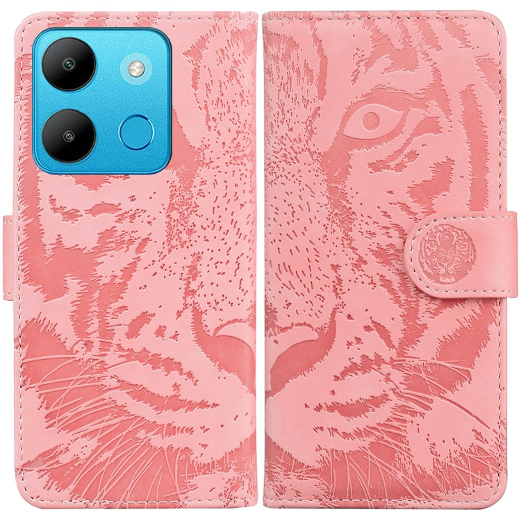 Light pink tiger embossing flip leather phone case with magnetic strap and card slot